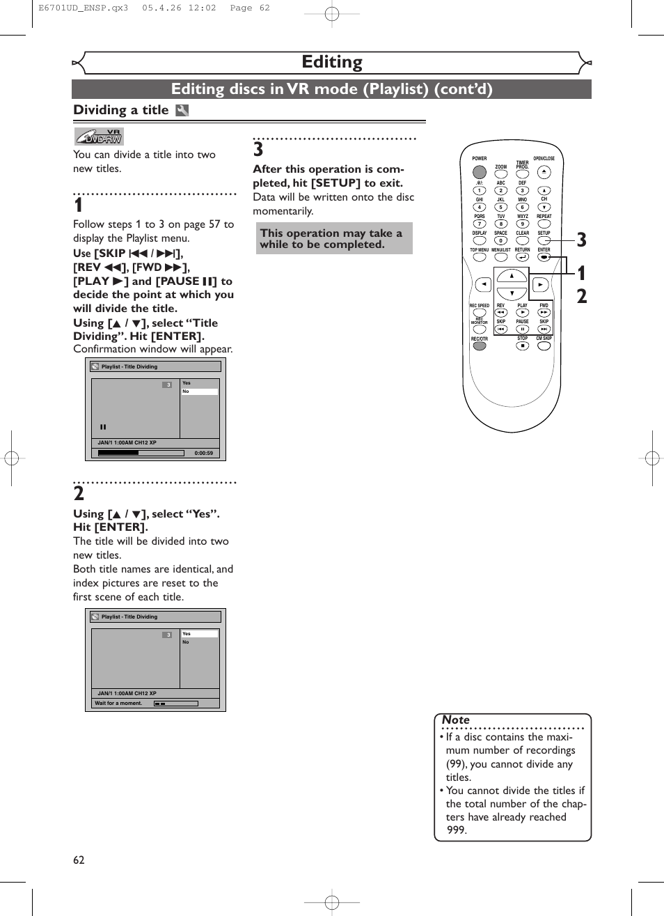 Editing, Editing discs in vr mode (playlist) (cont’d), Dividing a title | You can divide a title into two new titles | Sylvania DVR95DF User Manual | Page 64 / 82