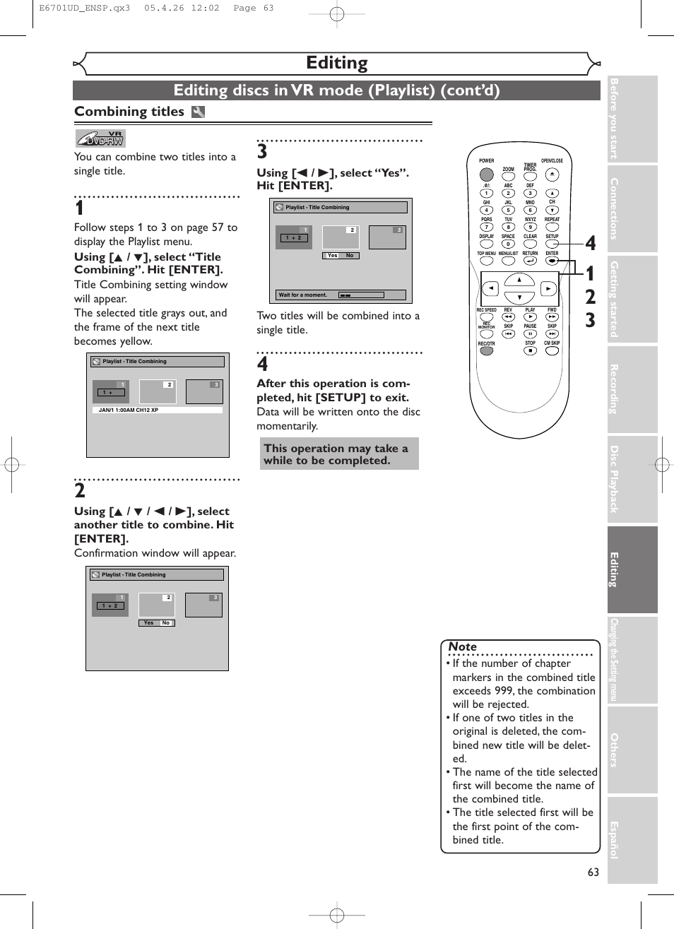 Editing, Editing discs in vr mode (playlist) (cont’d), Combining titles | You can combine two titles into a single title | Sylvania DVR95DF User Manual | Page 65 / 82