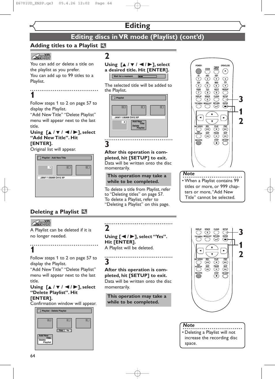 Editing, Editing discs in vr mode (playlist) (cont’d), Adding titles to a playlist | Deleting a playlist | Sylvania DVR95DF User Manual | Page 66 / 82