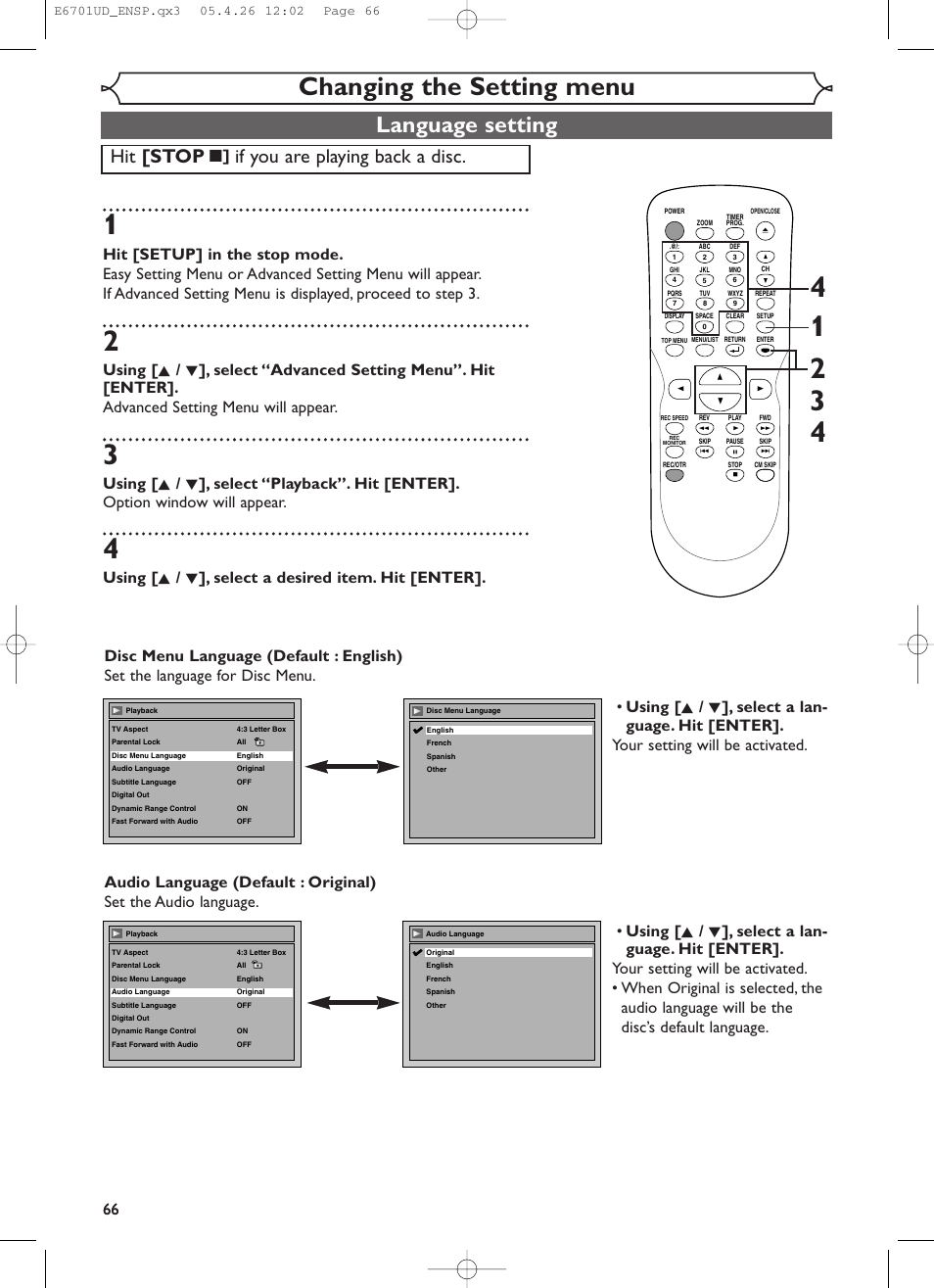 Changing the setting menu, Language setting, Hit [stop | If you are playing back a disc | Sylvania DVR95DF User Manual | Page 68 / 82