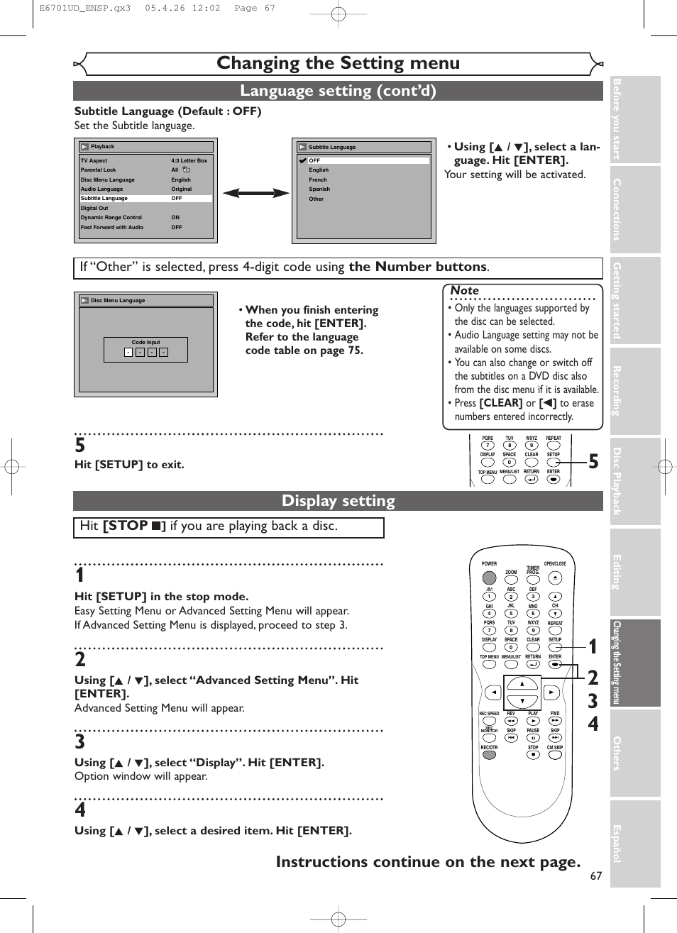 Changing the setting menu, Language setting (cont’d), Display setting | Instructions continue on the next page, Hit [stop, If you are playing back a disc, Hit [setup] to exit, Using [ k / l ], select a desired item. hit [enter | Sylvania DVR95DF User Manual | Page 69 / 82