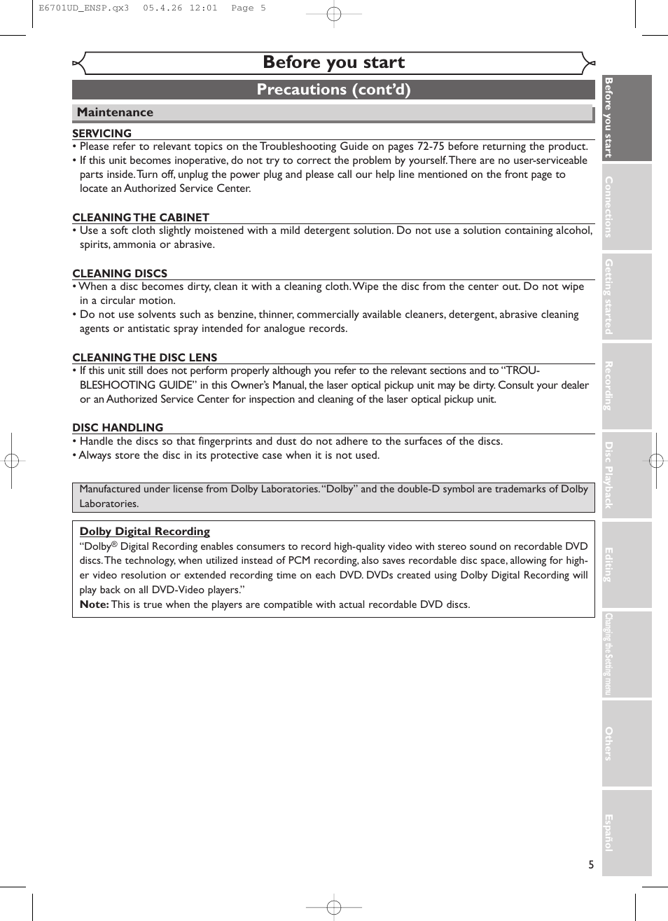 Before you start, Precautions (cont’d) | Sylvania DVR95DF User Manual | Page 7 / 82