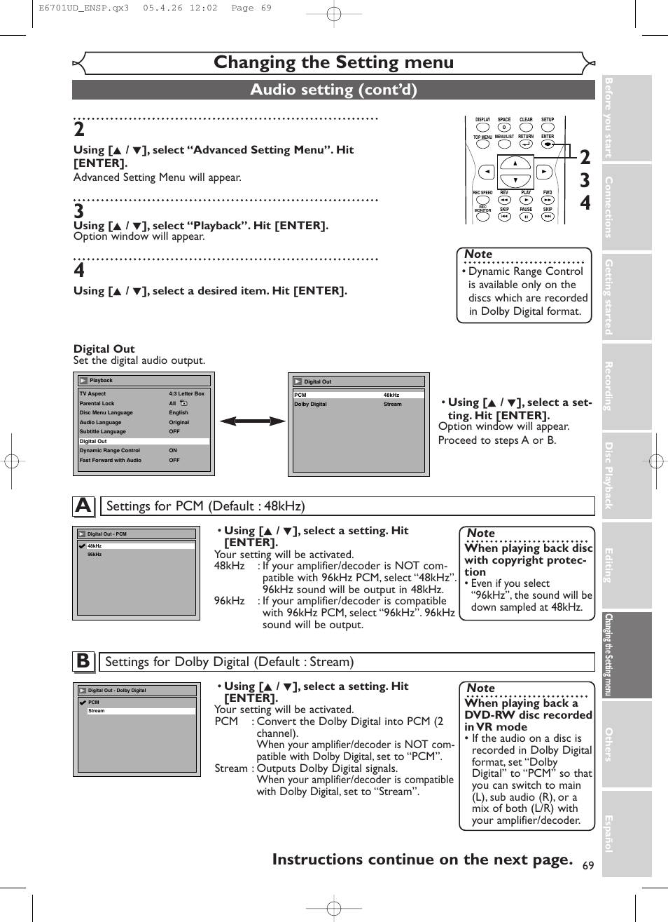 Changing the setting menu, Audio setting (cont’d), Instructions continue on the next page | Settings for dolby digital (default : stream), Settings for pcm (default : 48khz) | Sylvania DVR95DF User Manual | Page 71 / 82