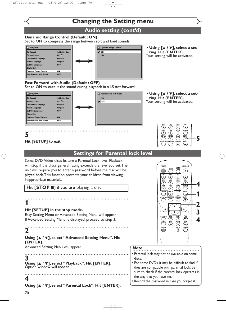 Changing the setting menu, Audio setting (cont’d), Settings for parental lock level | Hit [stop, If you are playing a disc, Hit [setup] to exit. 70 | Sylvania DVR95DF User Manual | Page 72 / 82