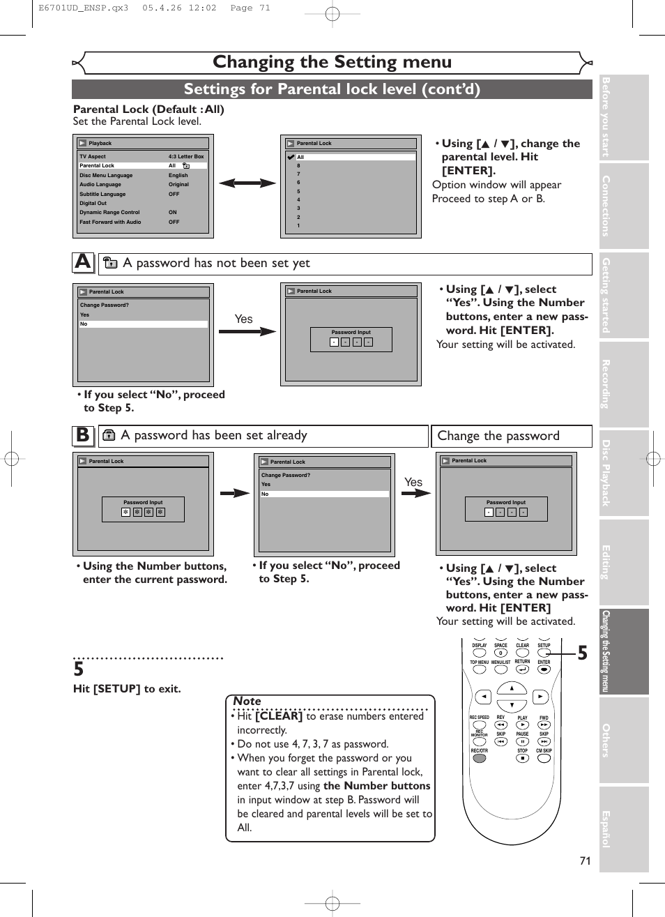 Changing the setting menu, Settings for parental lock level (cont’d), A password has not been set yet | A password has been set already, Change the password, Hit [setup] to exit | Sylvania DVR95DF User Manual | Page 73 / 82