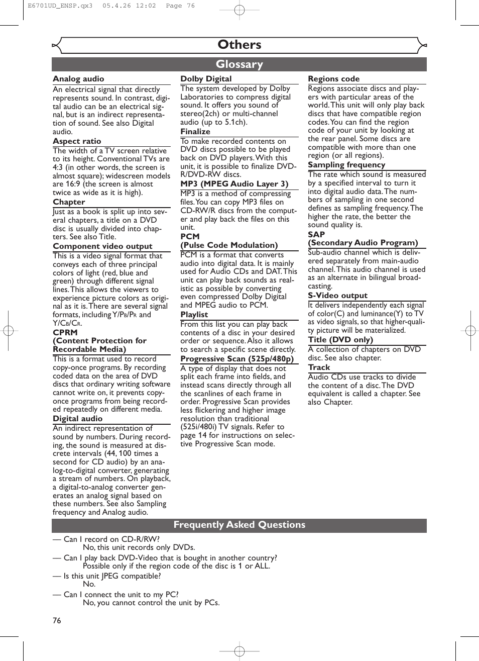 Others, Glossary, Frequently asked questions | Sylvania DVR95DF User Manual | Page 78 / 82