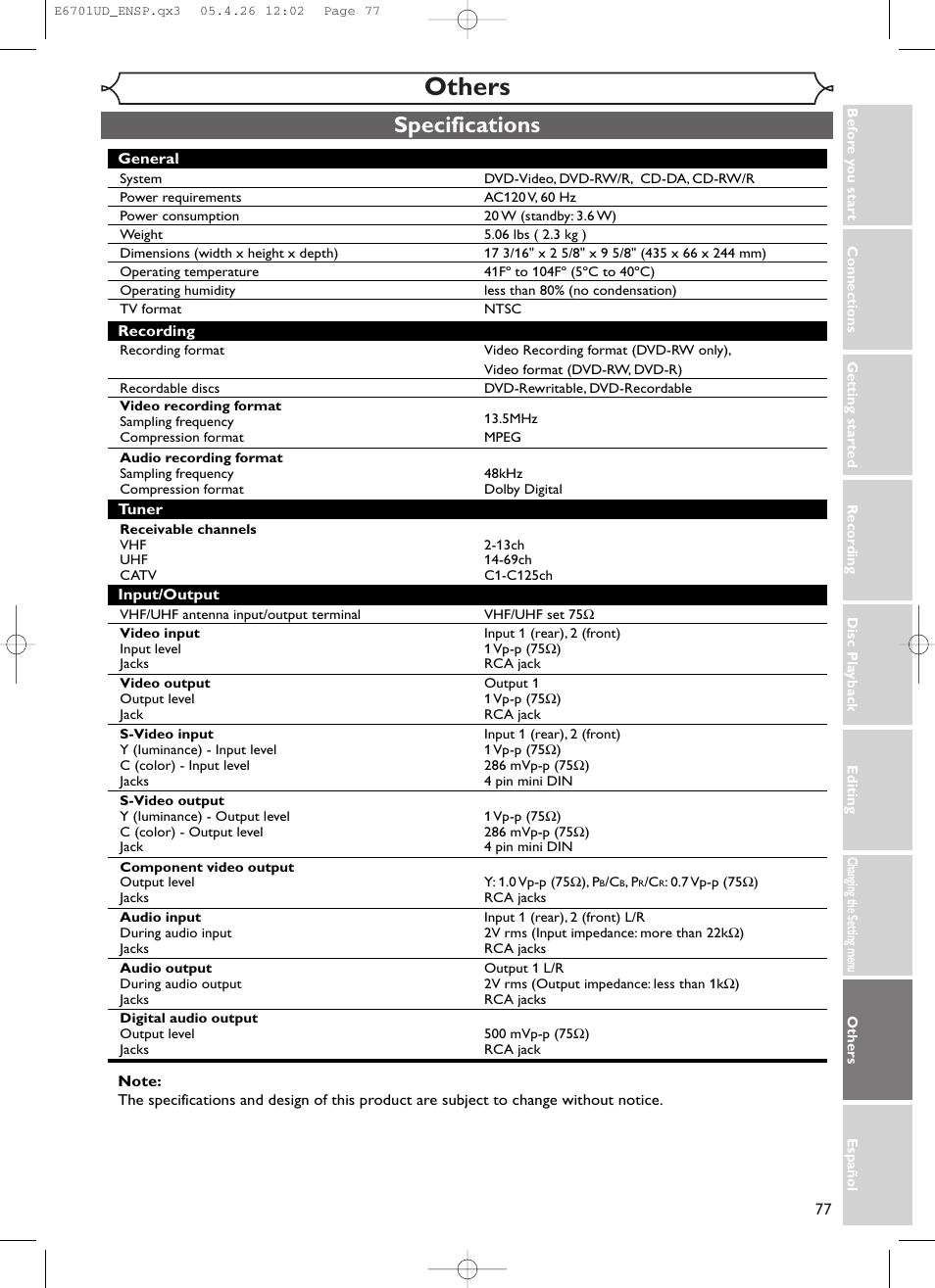 Others, Specifications | Sylvania DVR95DF User Manual | Page 79 / 82