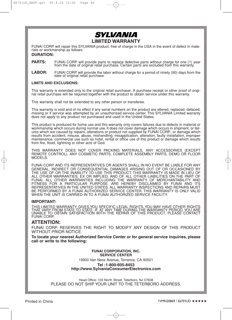 Limited warranty, Attention | Sylvania DVR95DF User Manual | Page 82 / 82