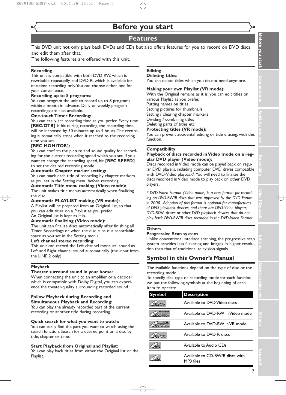 Before you start, Features, Symbol in this owner’s manual | Sylvania DVR95DF User Manual | Page 9 / 82