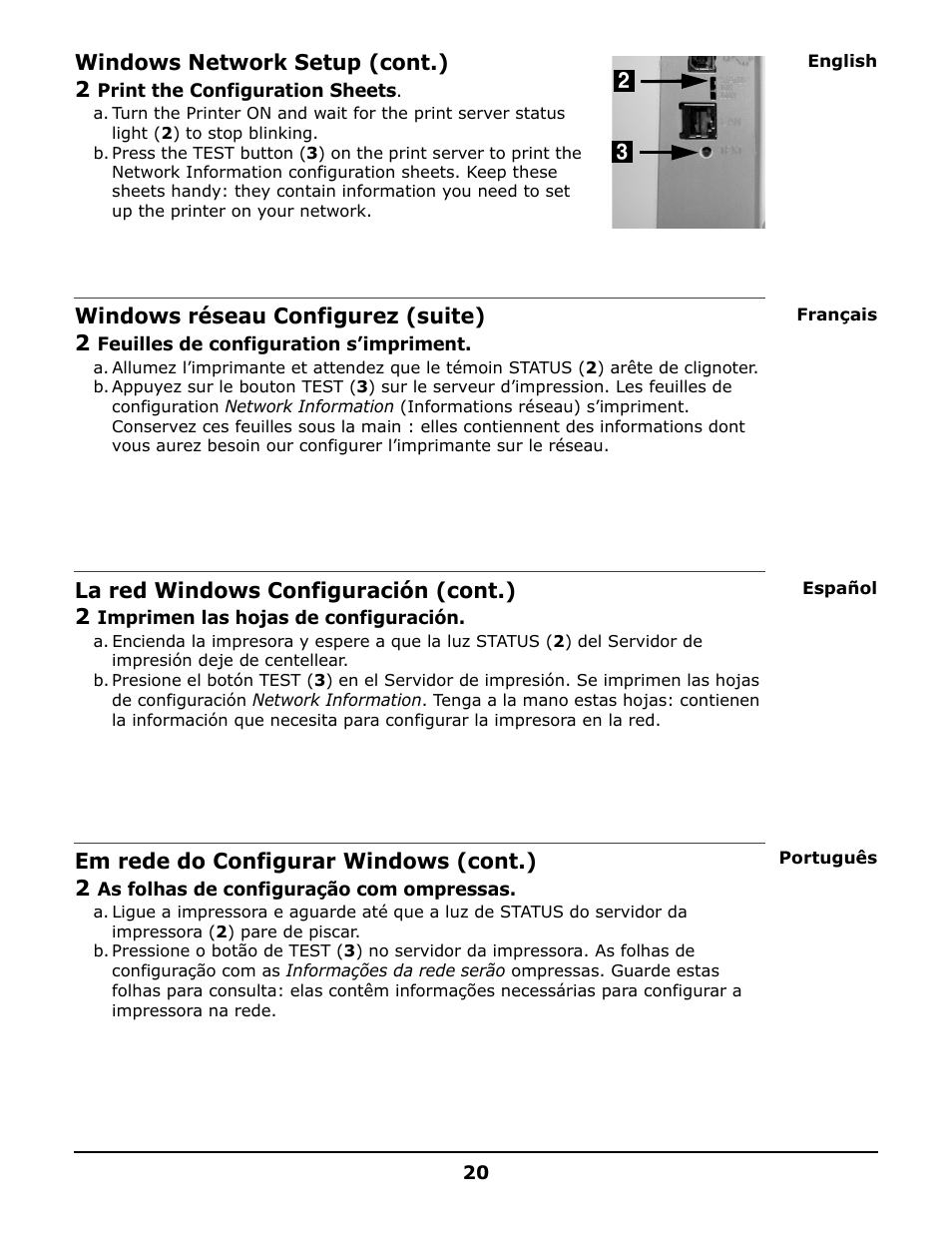 Windows network setup (cont.) 2, Windows réseau configurez (suite) 2, La red windows configuración (cont.) 2 | Em rede do configurar windows (cont.) 2 | Oki 6150 User Manual | Page 20 / 40