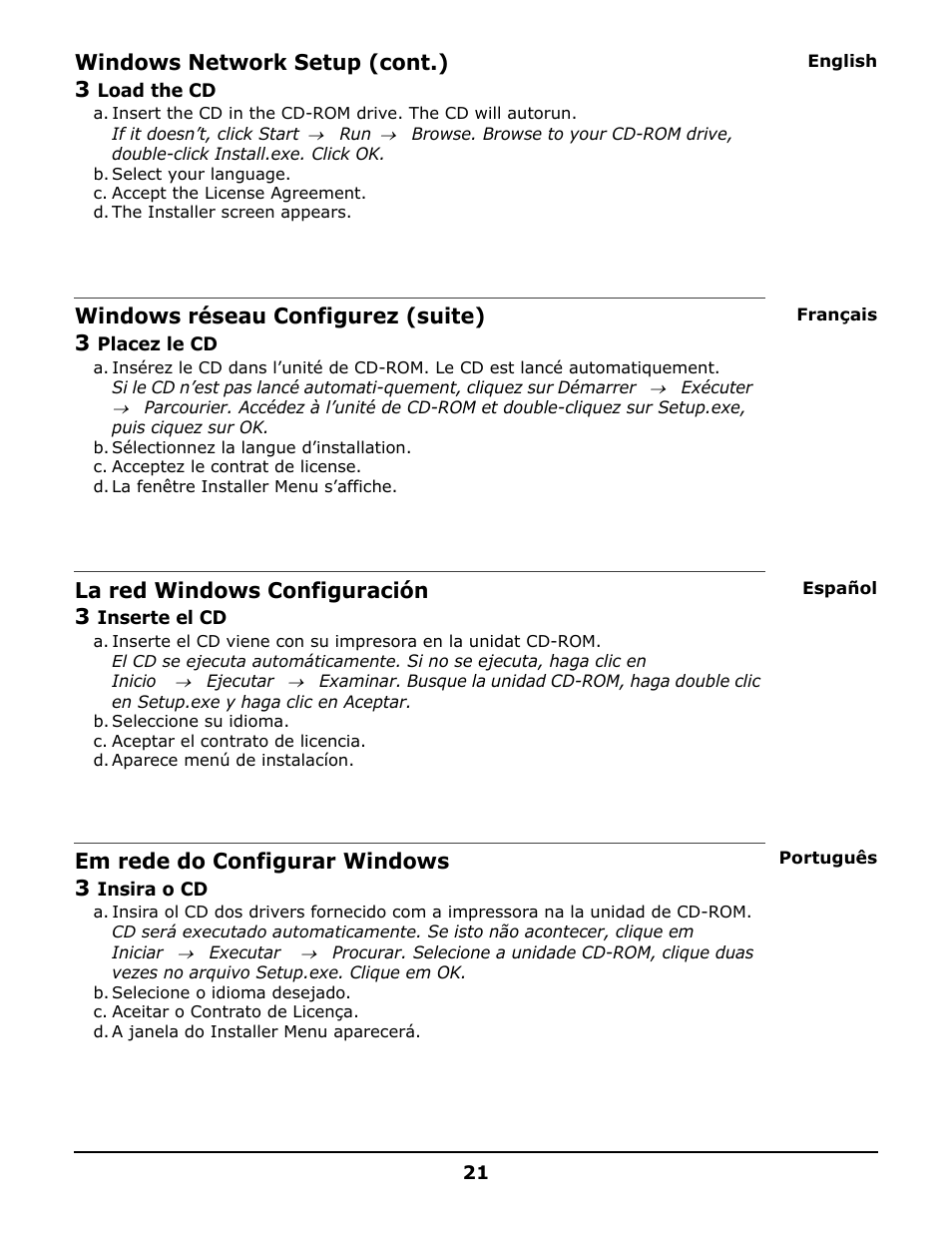 Windows network setup (cont.) 3, Windows réseau configurez (suite) 3, La red windows configuración 3 | Em rede do configurar windows 3 | Oki 6150 User Manual | Page 21 / 40