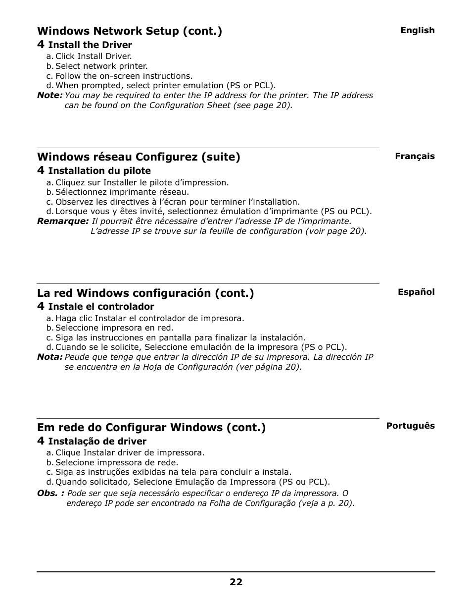 Windows network setup (cont.) 4, Windows réseau configurez (suite) 4, La red windows configuración (cont.) 4 | Em rede do configurar windows (cont.) 4 | Oki 6150 User Manual | Page 22 / 40