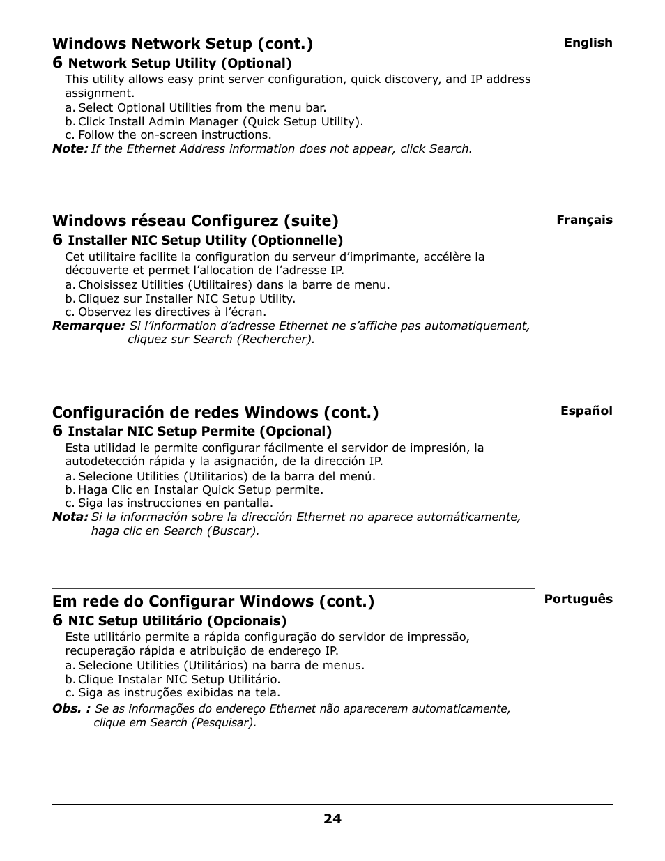 Windows network setup (cont.) 6, Windows réseau configurez (suite) 6, Configuración de redes windows (cont.) 6 | Em rede do configurar windows (cont.) 6 | Oki 6150 User Manual | Page 24 / 40