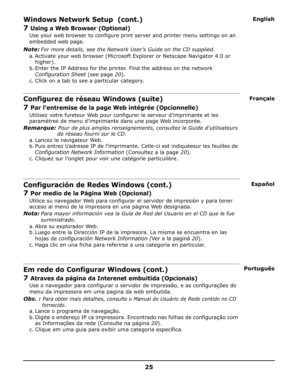 Windows network setup (cont.) 7, Configurez de réseau windows (suite) 7, Configuración de redes windows (cont.) 7 | Em rede do configurar windows (cont.) 7 | Oki 6150 User Manual | Page 25 / 40