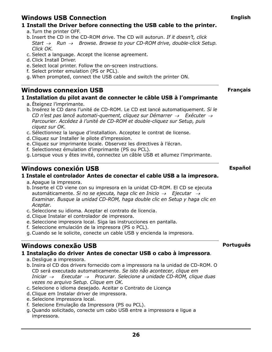 Windows usb connection, Windows connexion usb, Windows conexión usb | Windows conexão usb | Oki 6150 User Manual | Page 26 / 40