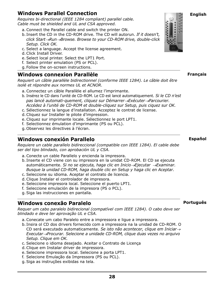 Windows parallel connection, Windows connexion parallèle, Windows conexión parallelo | Windows conexão paralelo | Oki 6150 User Manual | Page 28 / 40