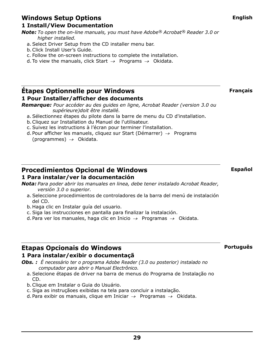 Windows setup options, Étapes optionnelle pour windows, Procedimientos opcional de windows | Etapas opcionais do windows | Oki 6150 User Manual | Page 29 / 40