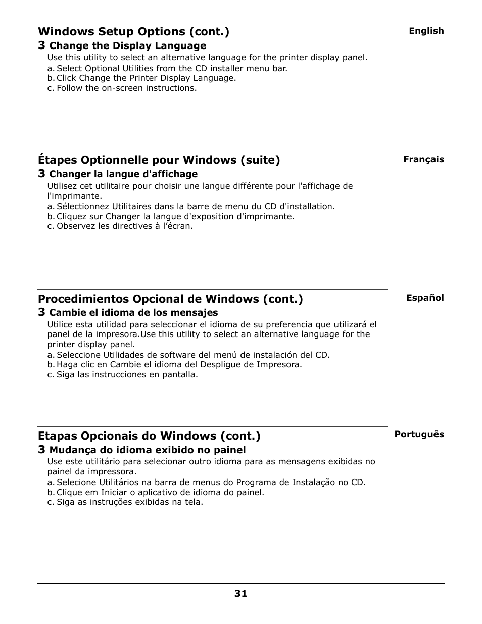 Windows setup options (cont.) 3, Étapes optionnelle pour windows (suite) 3, Procedimientos opcional de windows (cont.) 3 | Etapas opcionais do windows (cont.) 3 | Oki 6150 User Manual | Page 31 / 40