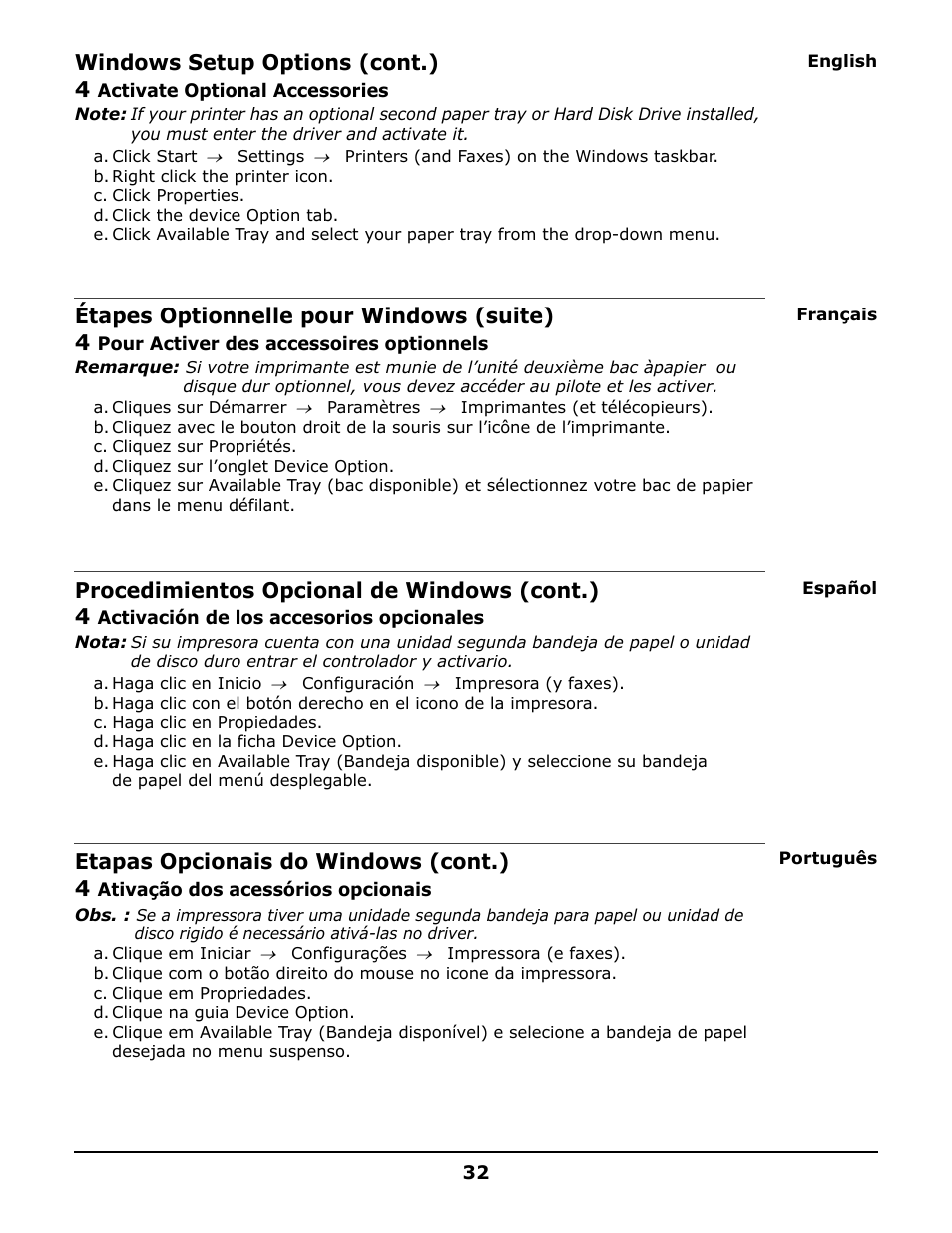 Windows setup options (cont.) 4, Étapes optionnelle pour windows (suite) 4, Procedimientos opcional de windows (cont.) 4 | Etapas opcionais do windows (cont.) 4 | Oki 6150 User Manual | Page 32 / 40