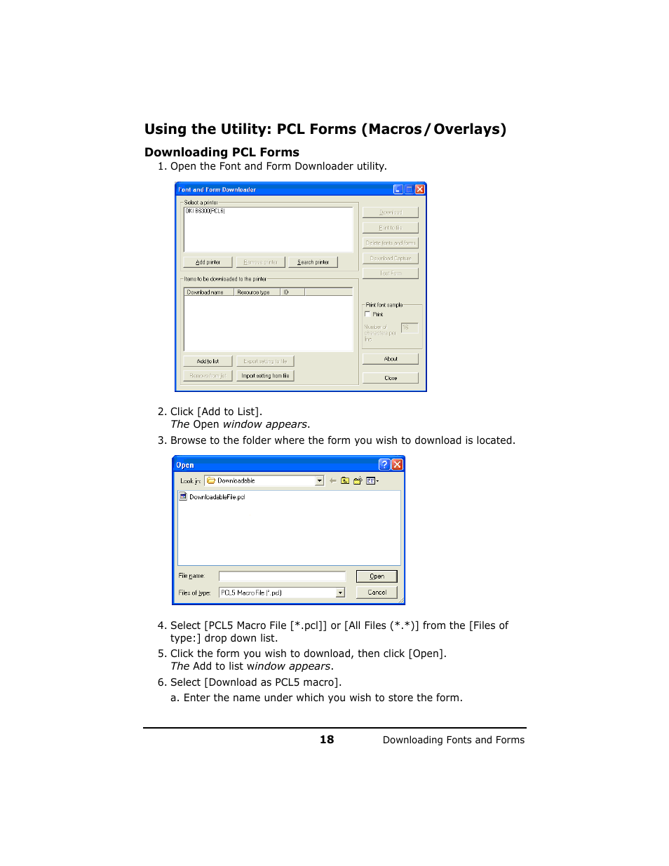 Using the utility: pcl forms (macros / overlays), Using the utility: pcl forms (macros/overlays) | Oki B 6200n User Manual | Page 18 / 32