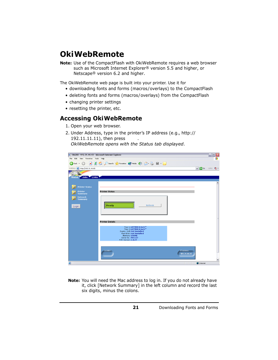 Oki webremote, Accessing oki webremote, Okiwebremote | Accessing okiwebremote | Oki B 6200n User Manual | Page 21 / 32