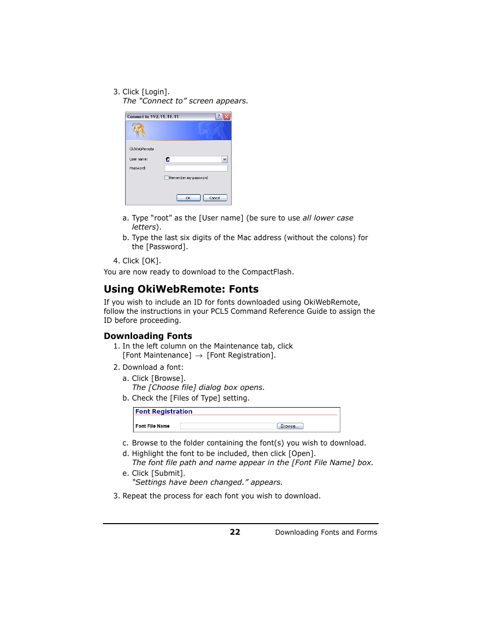 Using okiwebremote: fonts | Oki B 6200n User Manual | Page 22 / 32