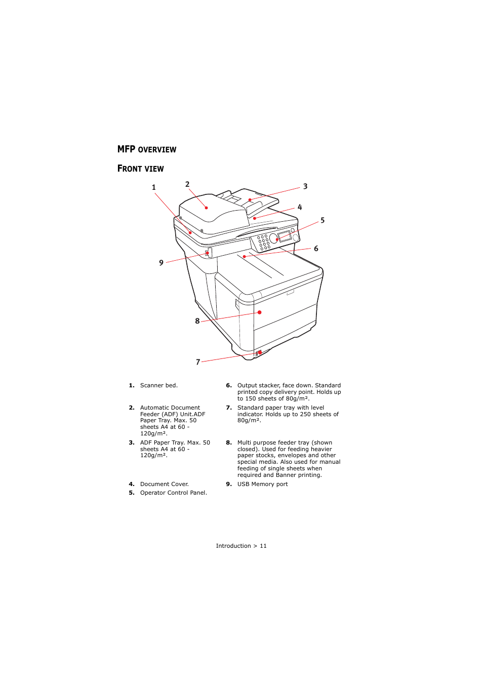 Mfp overview, Front view, Mfp overview front view | Oki C3520 User Manual | Page 11 / 138