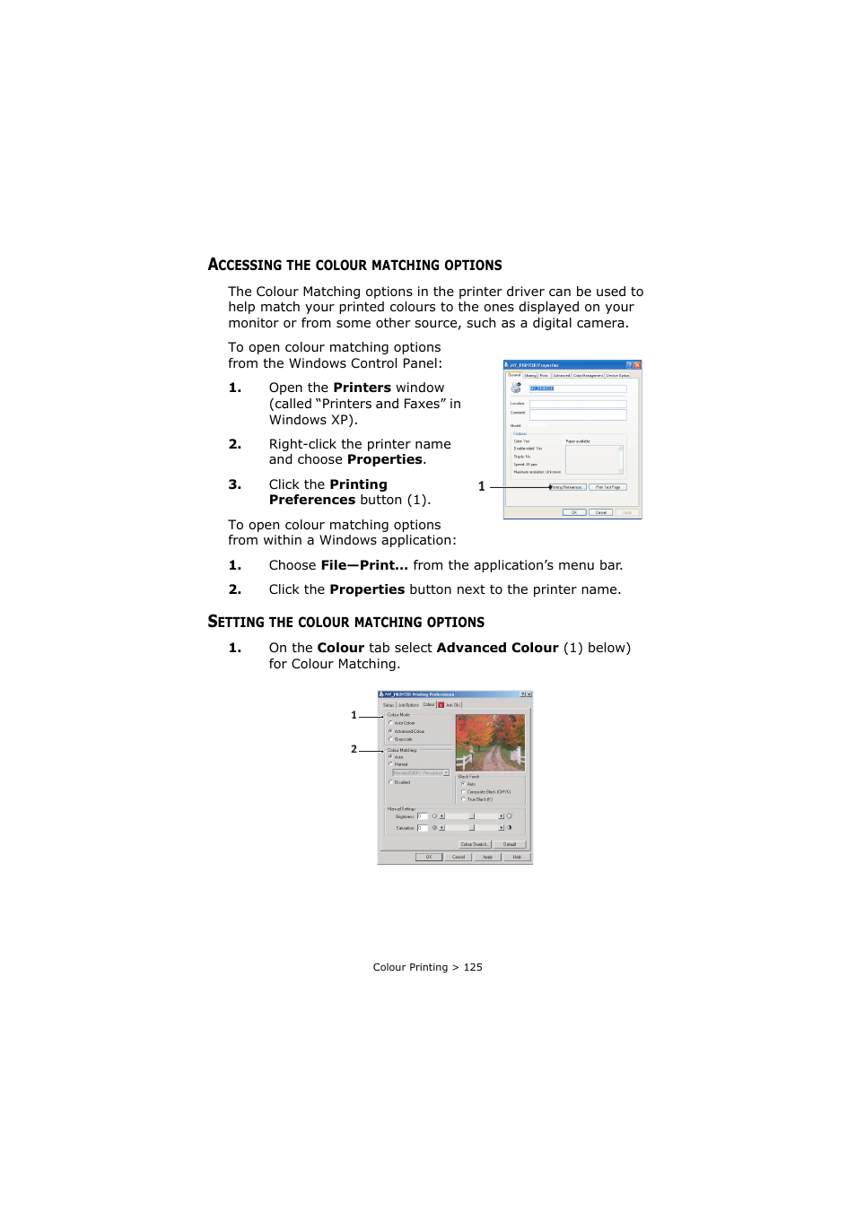 Accessing the colour matching options, Setting the colour matching options | Oki C3520 User Manual | Page 125 / 138