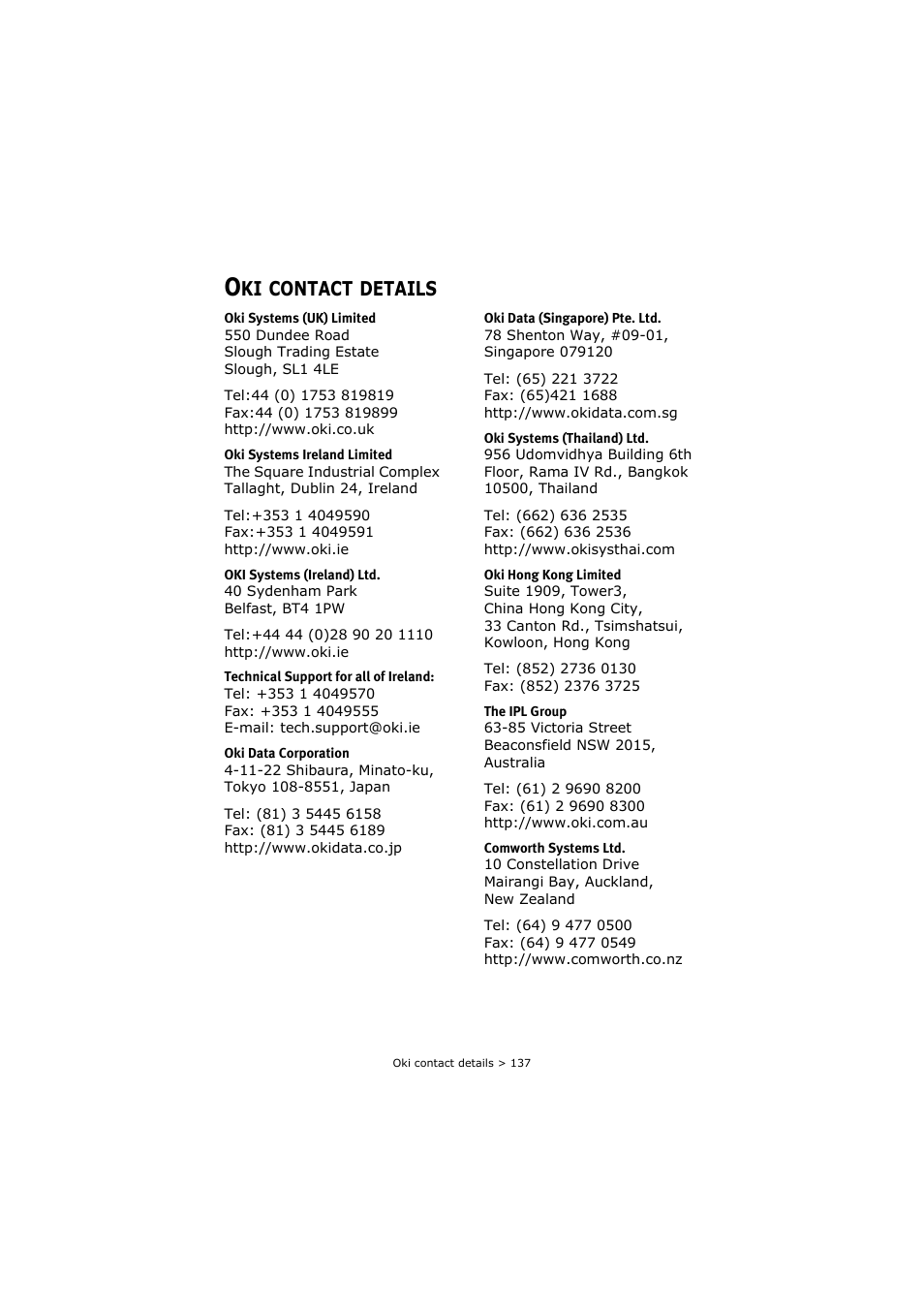 Oki contact details, Contact, Details | Oki C3520 User Manual | Page 137 / 138