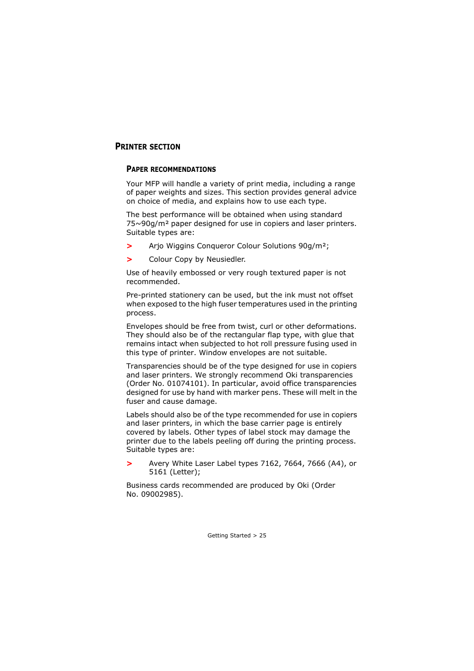 Printer section, Paper recommendations | Oki C3520 User Manual | Page 25 / 138