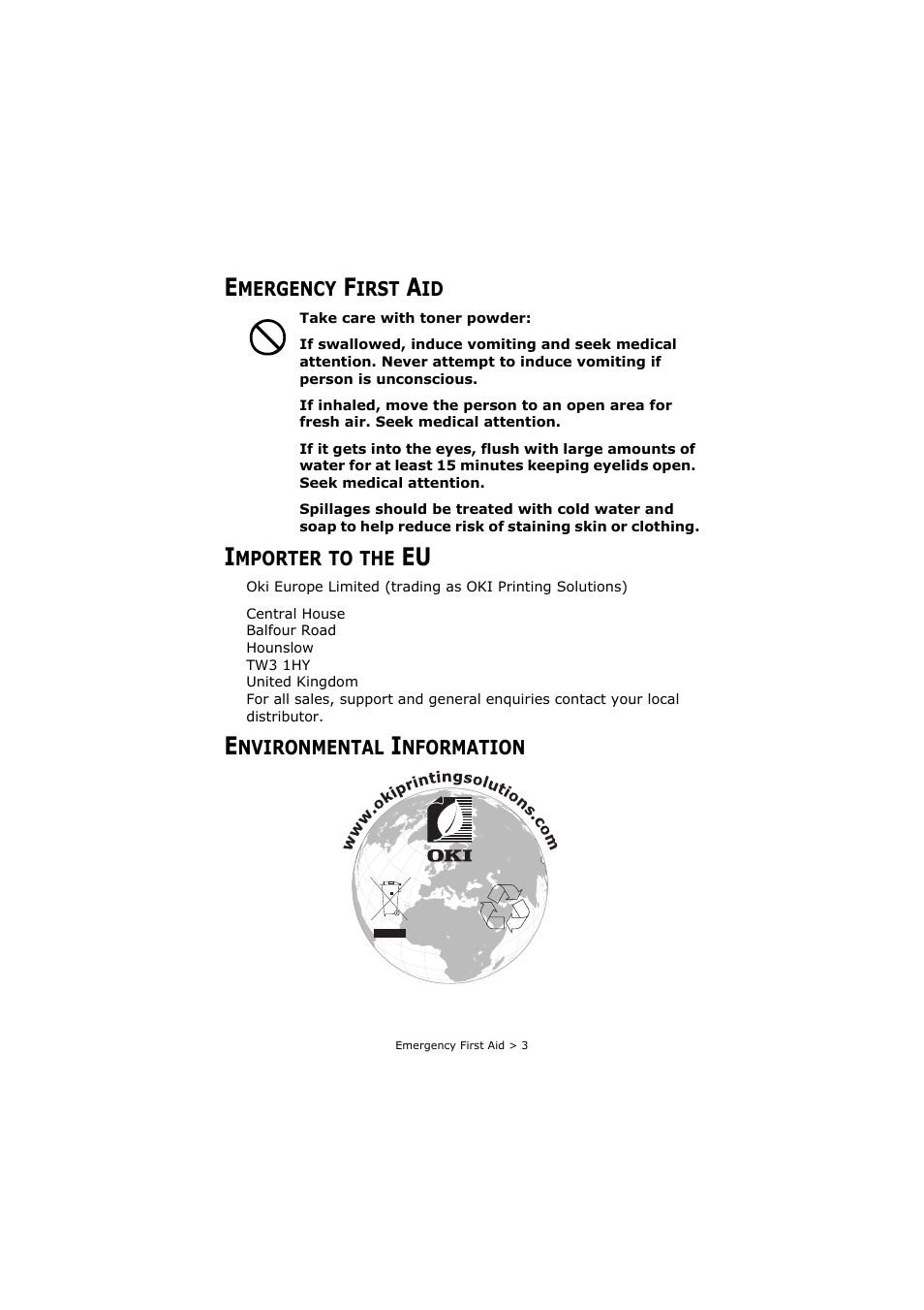 Emergency first aid, Importer to the eu, Environmental information | Oki C3520 User Manual | Page 3 / 138
