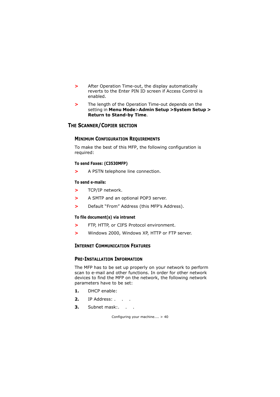 The scanner/copier section, Minimum configuration requirements, Internet communication features | Pre-installation information | Oki C3520 User Manual | Page 40 / 138