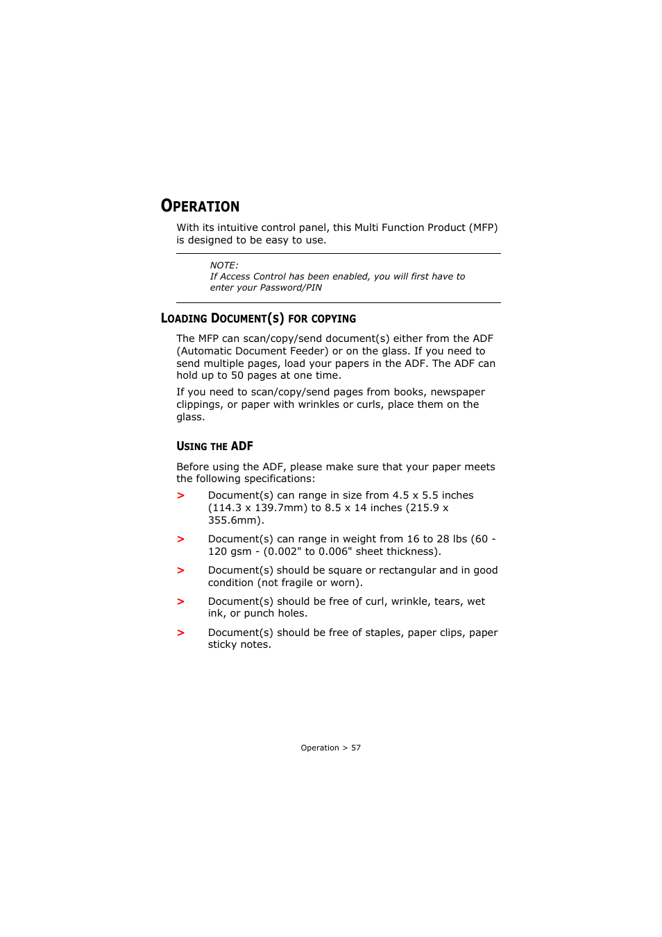 Operation, Loading document(s) for copying, Using the adf | Peration | Oki C3520 User Manual | Page 57 / 138