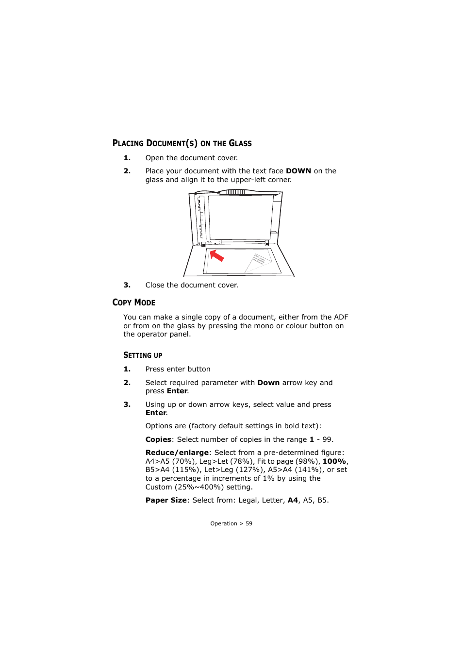 Placing document(s) on the glass, Copy mode, Setting up | Placing document(s) on the glass copy mode | Oki C3520 User Manual | Page 59 / 138