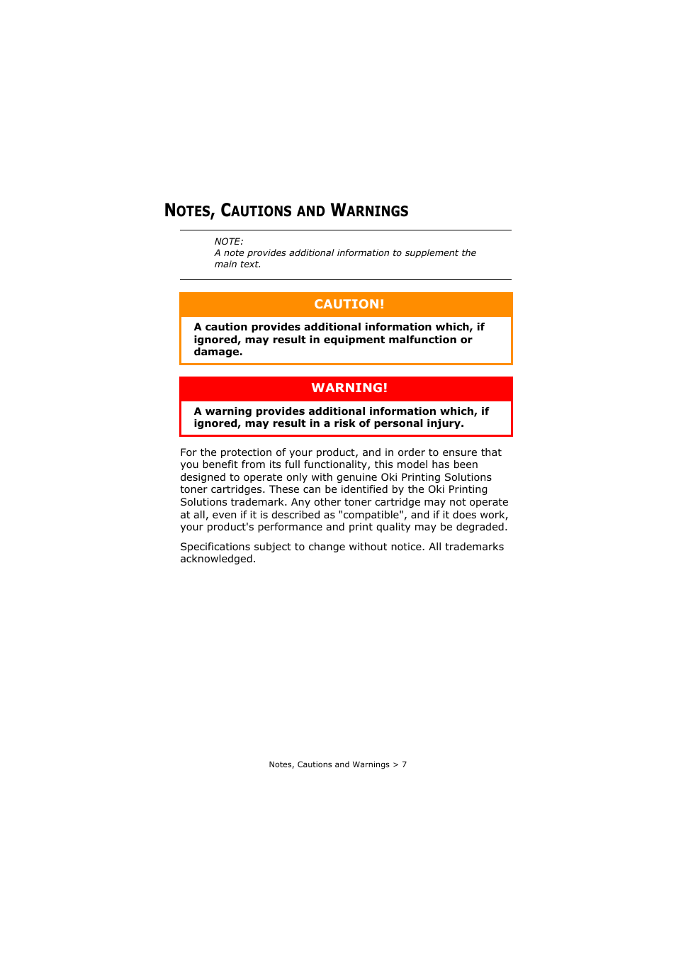 Notes, cautions and warnings | Oki C3520 User Manual | Page 7 / 138