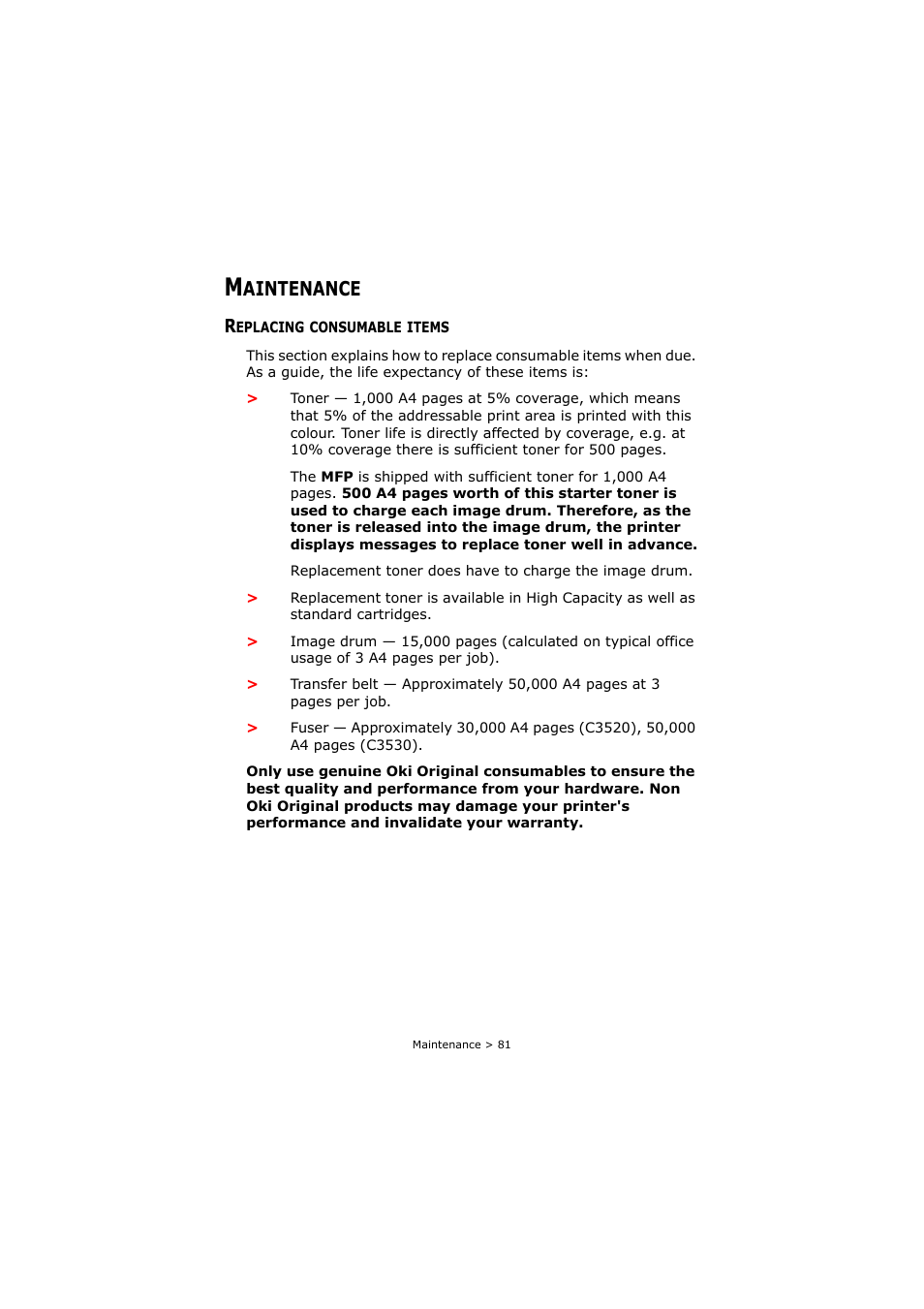 Maintenance, Replacing consumable items, Aintenance | Oki C3520 User Manual | Page 81 / 138