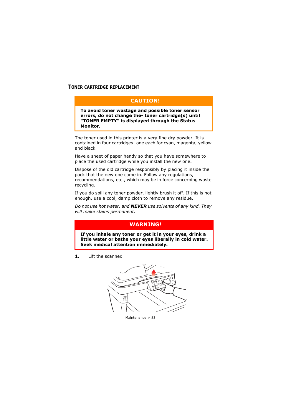 Toner cartridge replacement, Caution, Warning | Oki C3520 User Manual | Page 83 / 138