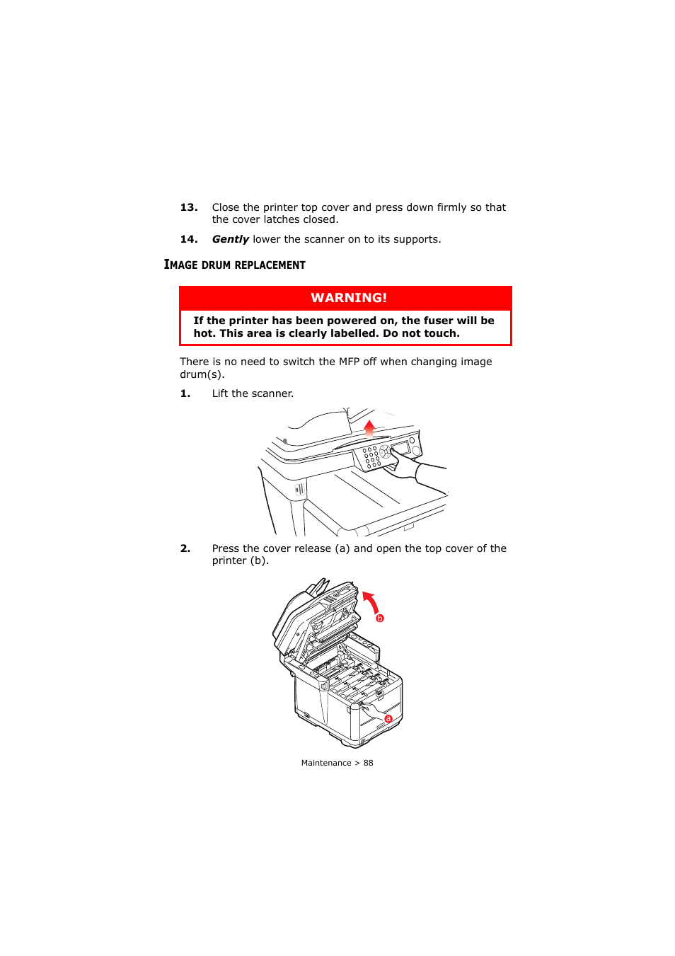 Image drum replacement, Warning | Oki C3520 User Manual | Page 88 / 138