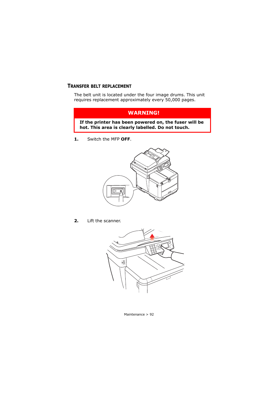 Transfer belt replacement, Warning | Oki C3520 User Manual | Page 92 / 138