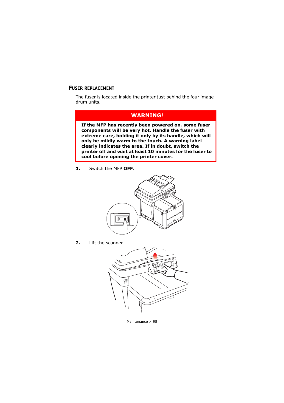 Fuser replacement, Warning | Oki C3520 User Manual | Page 98 / 138