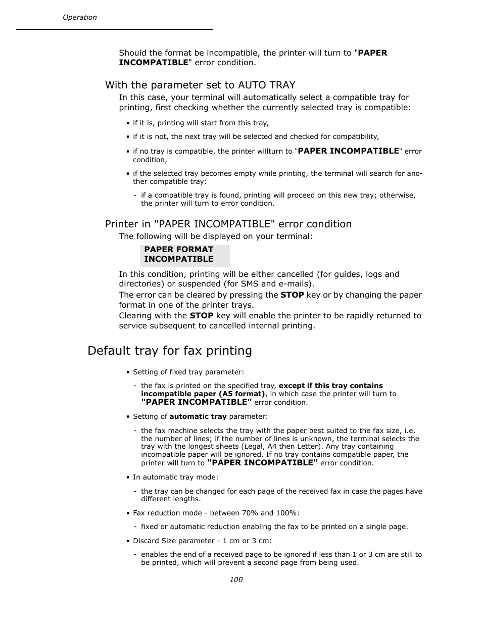 With the parameter set to auto tray, Printer in "paper incompatible" error condition, Default tray for fax printing | Oki B4545 MFP User Manual | Page 100 / 154