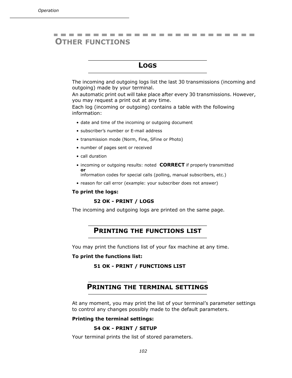 Other functions, Logs, Printing the functions list | Printing the terminal settings, P. 102, Ther, Functions | Oki B4545 MFP User Manual | Page 102 / 154