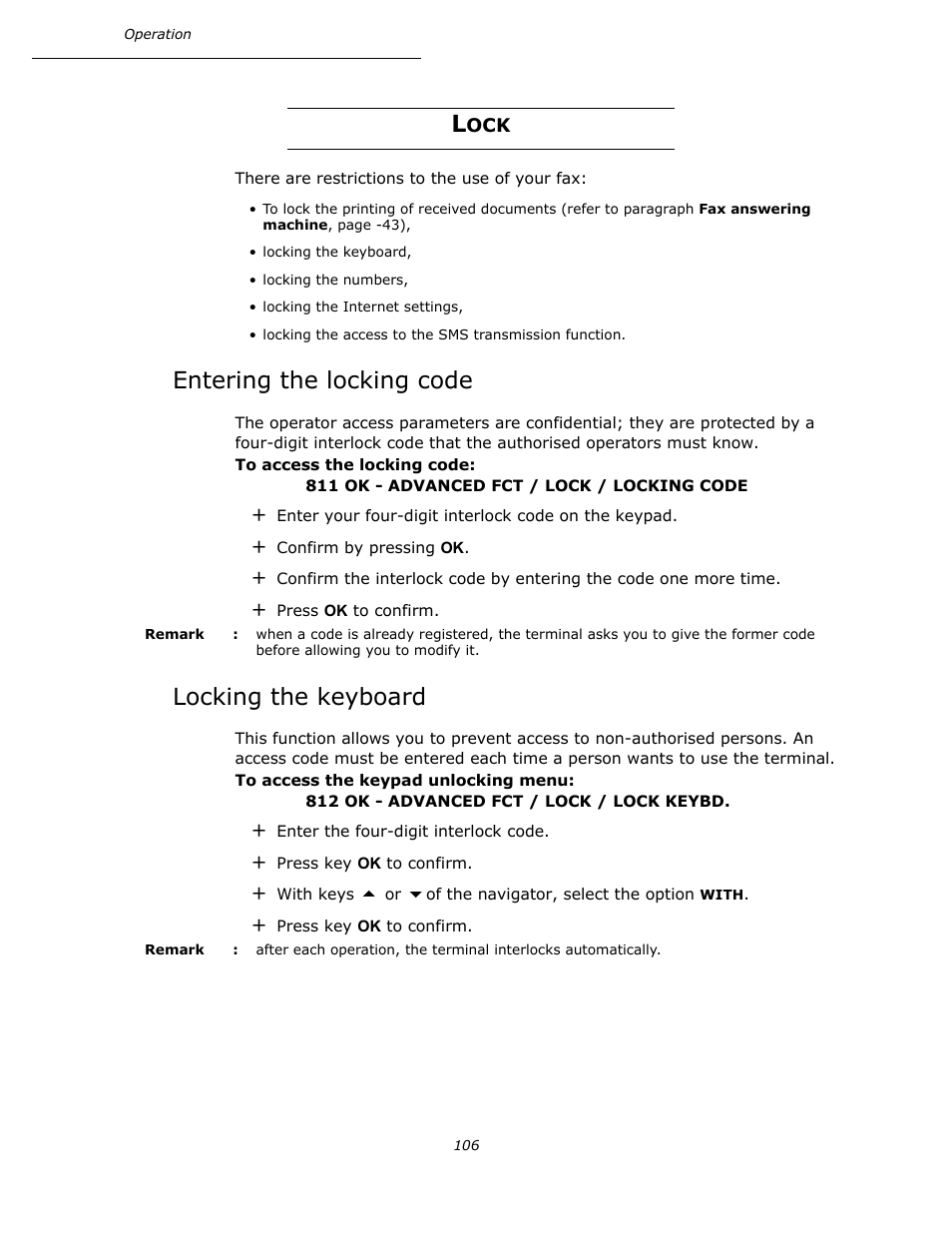 Lock, Entering the locking code, Locking the keyboard | P. 106 | Oki B4545 MFP User Manual | Page 106 / 154