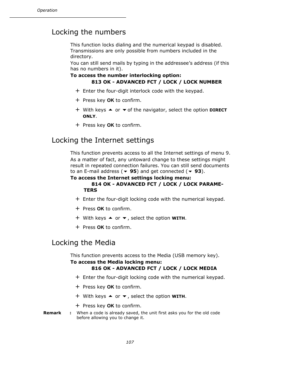 Locking the numbers, Locking the internet settings, Locking the media | P. 107 | Oki B4545 MFP User Manual | Page 107 / 154