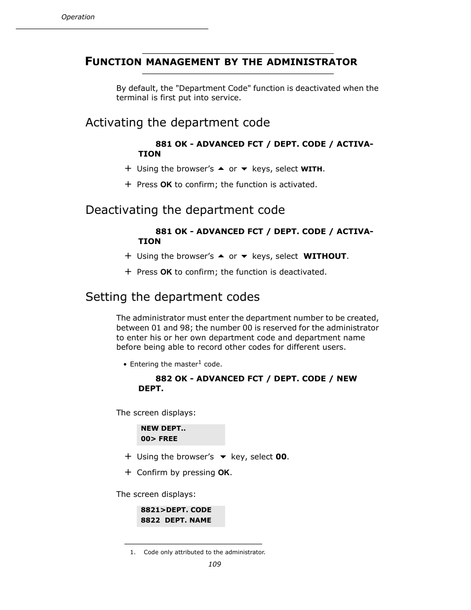 Function management by the administrator, Activating the department code, Deactivating the department code | Setting the department codes, P. 109 | Oki B4545 MFP User Manual | Page 109 / 154