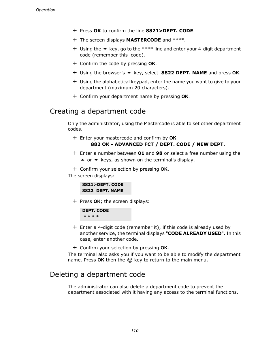 Creating a department code, Deleting a department code | Oki B4545 MFP User Manual | Page 110 / 154