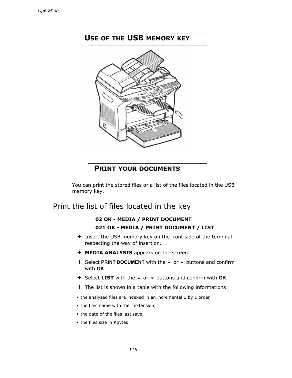 Use of the usb memory key, Print your documents, Print the list of files located in the key | Use of the usb memory key print your documents, P. 115 | Oki B4545 MFP User Manual | Page 115 / 154