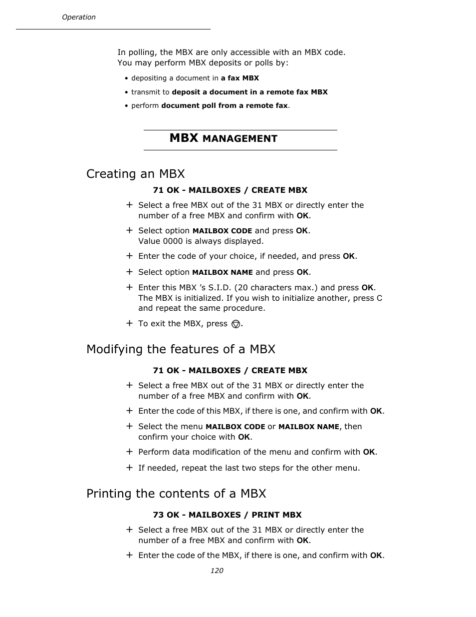 Mbx management, Creating an mbx, Modifying the features of a mbx | Printing the contents of a mbx, P. 120 | Oki B4545 MFP User Manual | Page 120 / 154