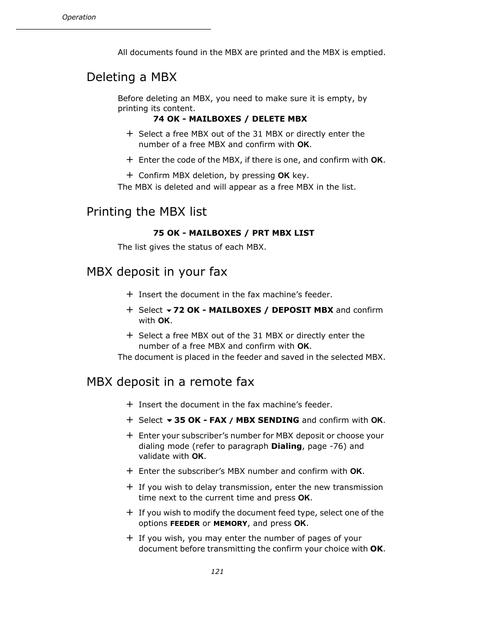 Deleting a mbx, Printing the mbx list, Mbx deposit in your fax | Mbx deposit in a remote fax, P. 121 | Oki B4545 MFP User Manual | Page 121 / 154