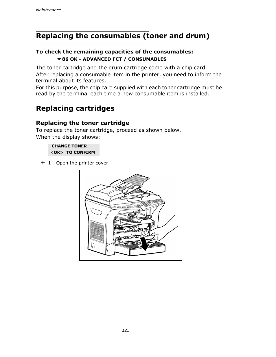 Replacing the consumables (toner and drum), Replacing cartridges, Replacing the toner cartridge | P. 125 | Oki B4545 MFP User Manual | Page 124 / 154